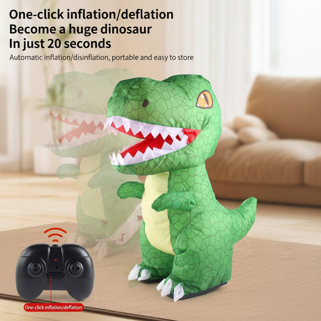 Green inflatable dinosaur showing remote-controlled inflation and deflation