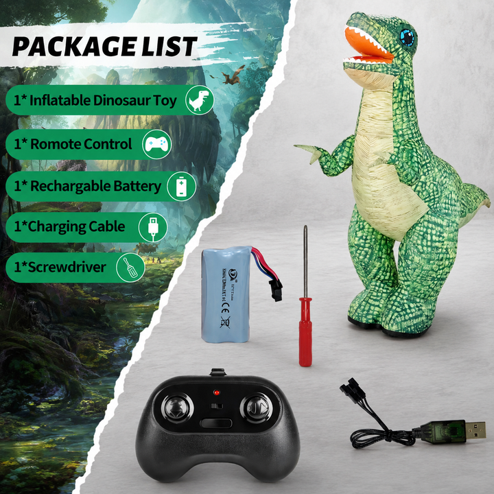 Inflatable dinosaur with its remote, rechargeable battery, USB charging cable, and screwdriver.