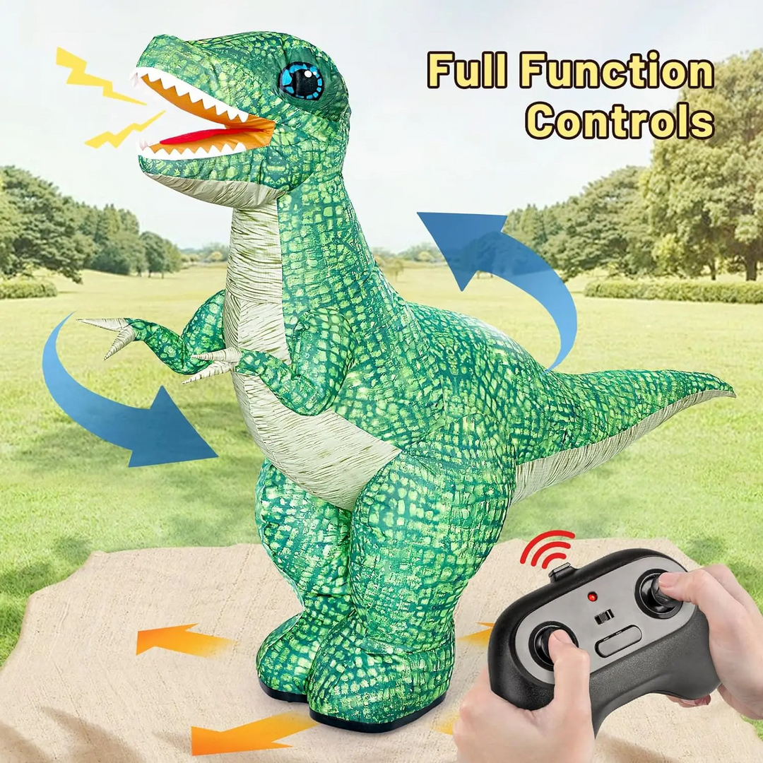 Green inflatable dinosaur with directional arrows and a handheld remote control.