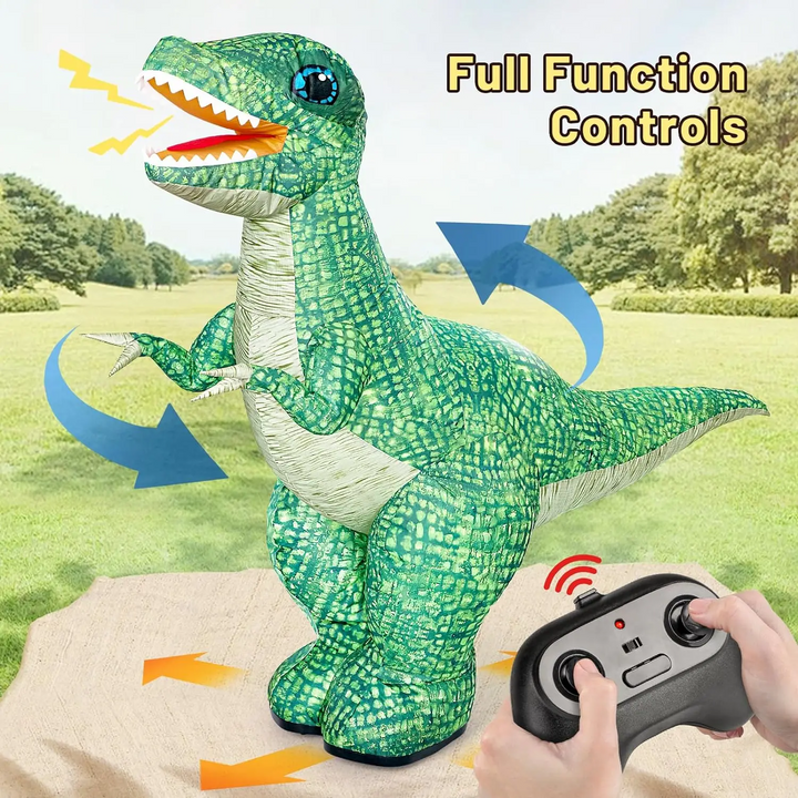 Green inflatable dinosaur with directional arrows and a handheld remote control.