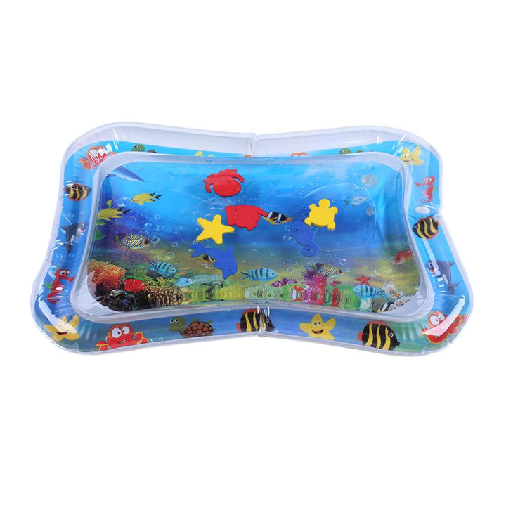 Inflatable blue water mat with an underwater scene and floating sea-animal shapes