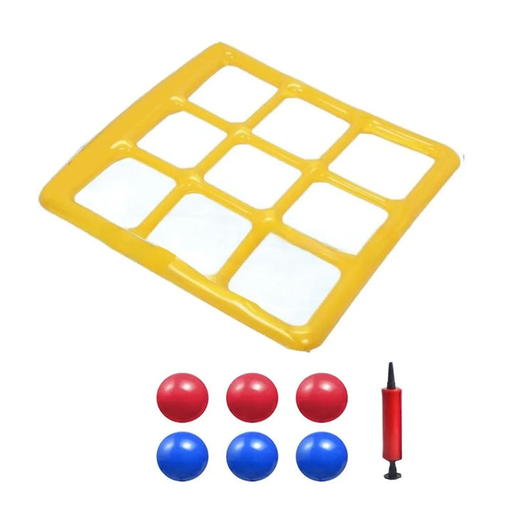 Yellow inflatable game grid with three red balls, three blue balls, and a hand pump