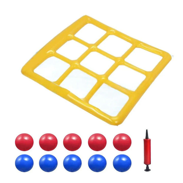 Yellow inflatable game grid with five red balls, five blue balls, and a hand pump