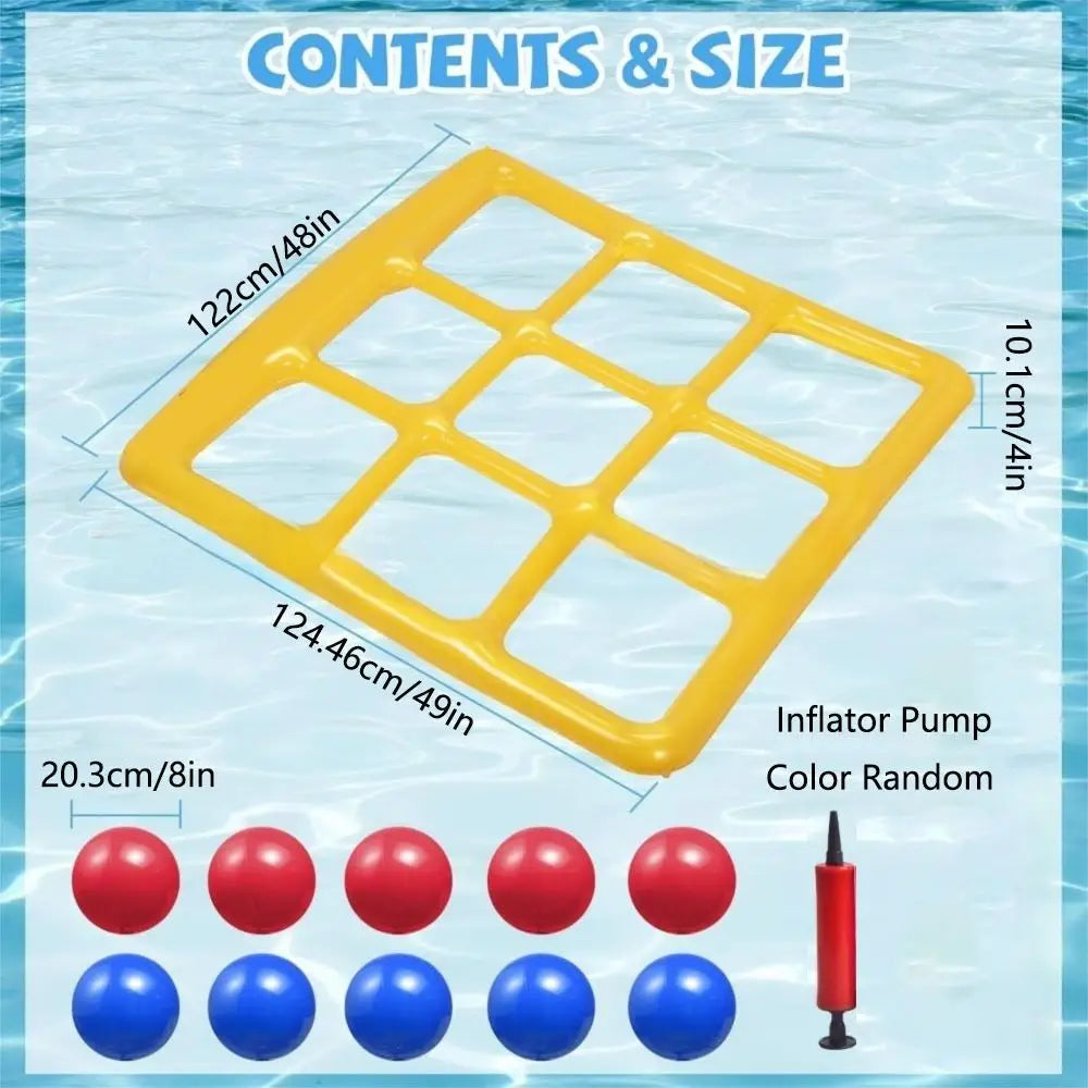 Dimensions and contents chart showing the inflatable game grid, red and blue balls, and hand pump