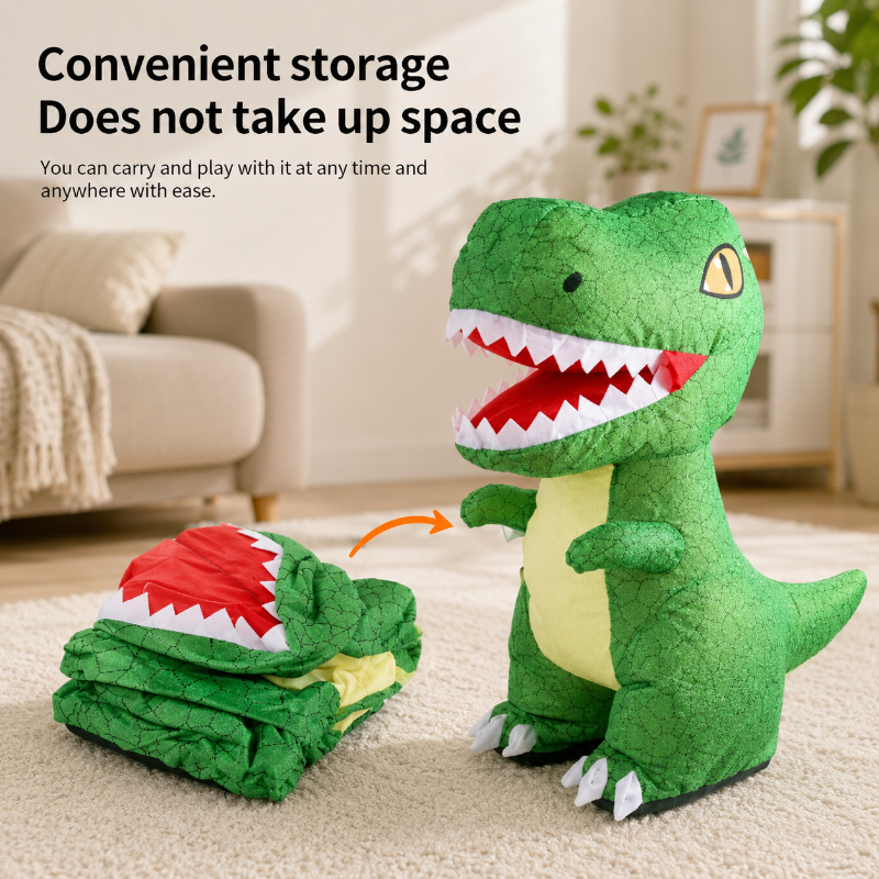 Green inflatable dinosaur beside its folded body to illustrate compact storage