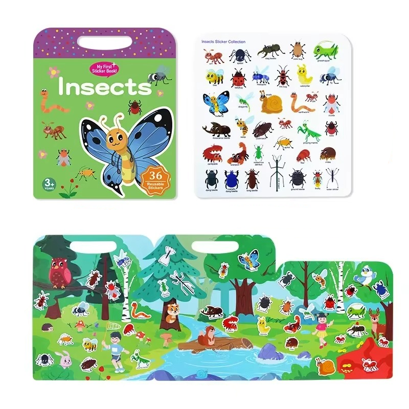 Insect activity book with a sticker sheet and a foldout woodland scene