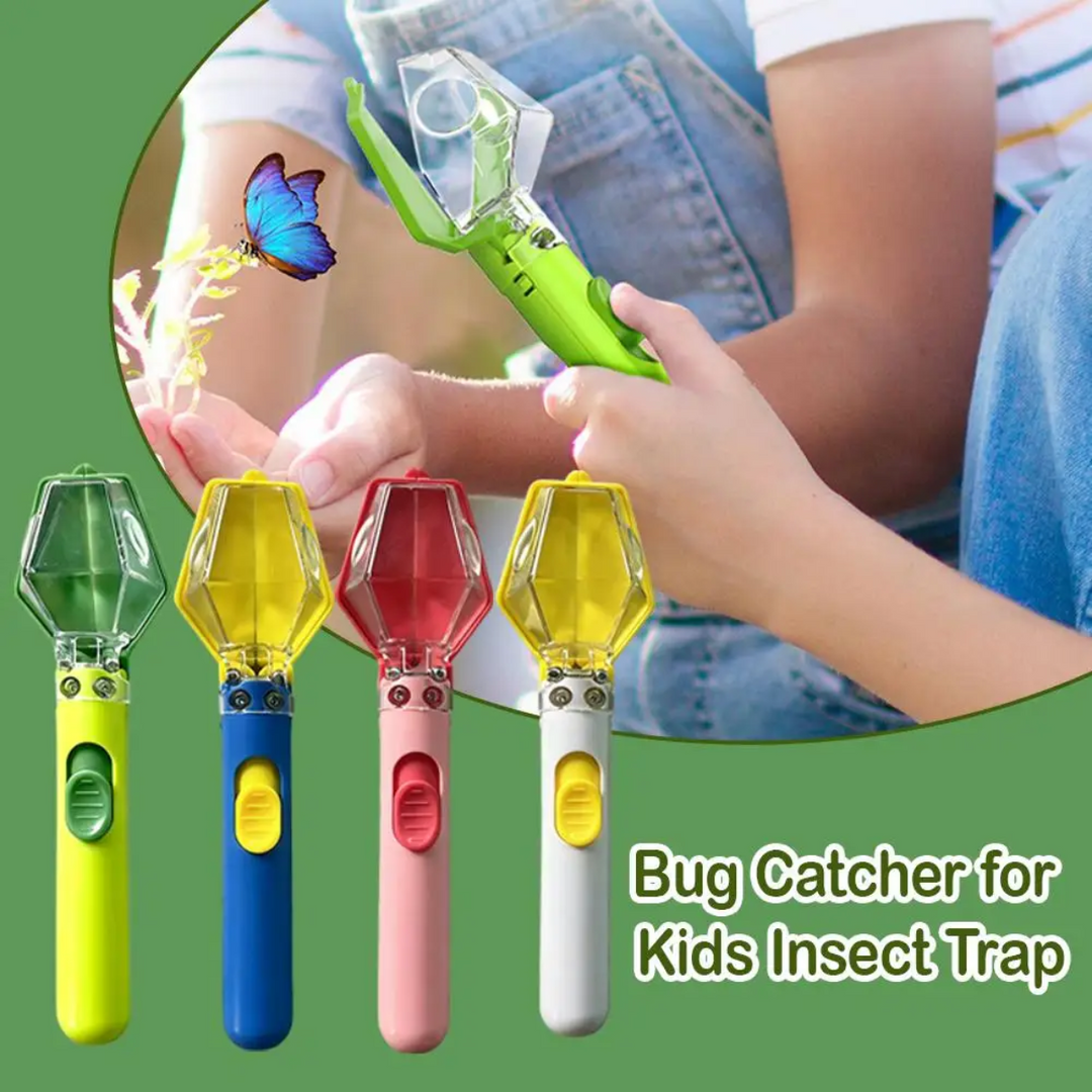 Four insect catcher colors beneath a close-up of hands using a green catcher outdoors