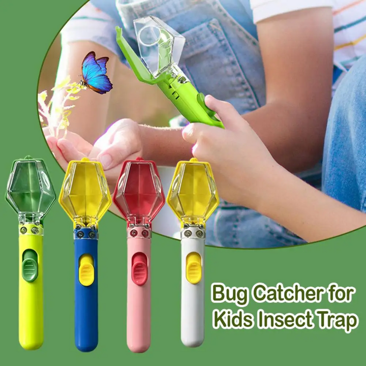 Four insect catcher colors beneath a close-up of hands using a green catcher outdoors