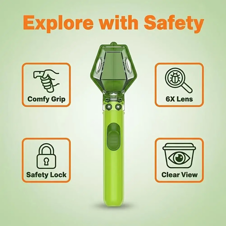 Green insect catcher diagram highlighting the grip, 6x lens, lock, and transparent chamber