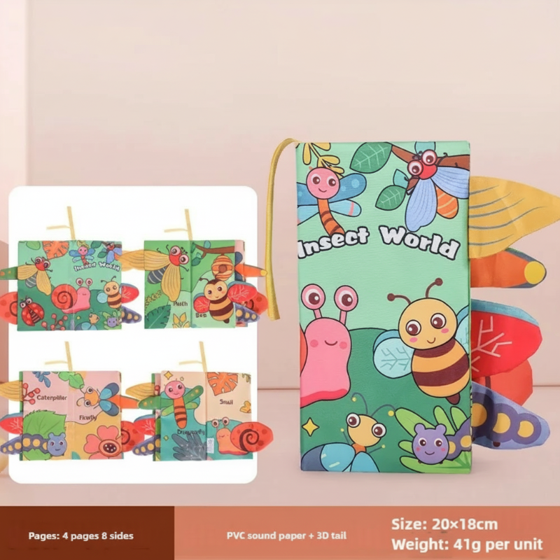 Insect cloth book with butterfly, snail, and bee illustrations and fabric tabs