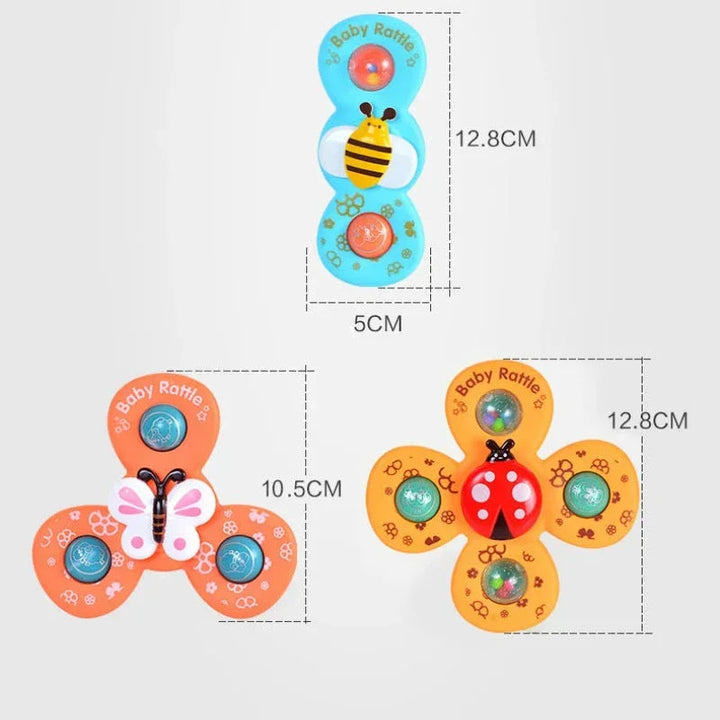 Size diagram showing bee, butterfly, and ladybug spinner measurements in centimeters