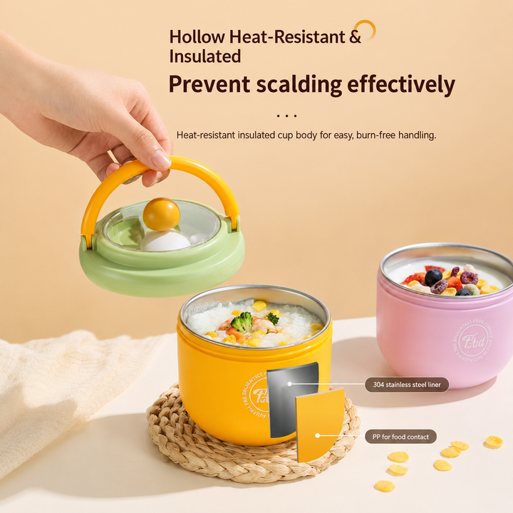Lunch bowls with a cutaway graphic showing the stainless steel interior and outer shell.