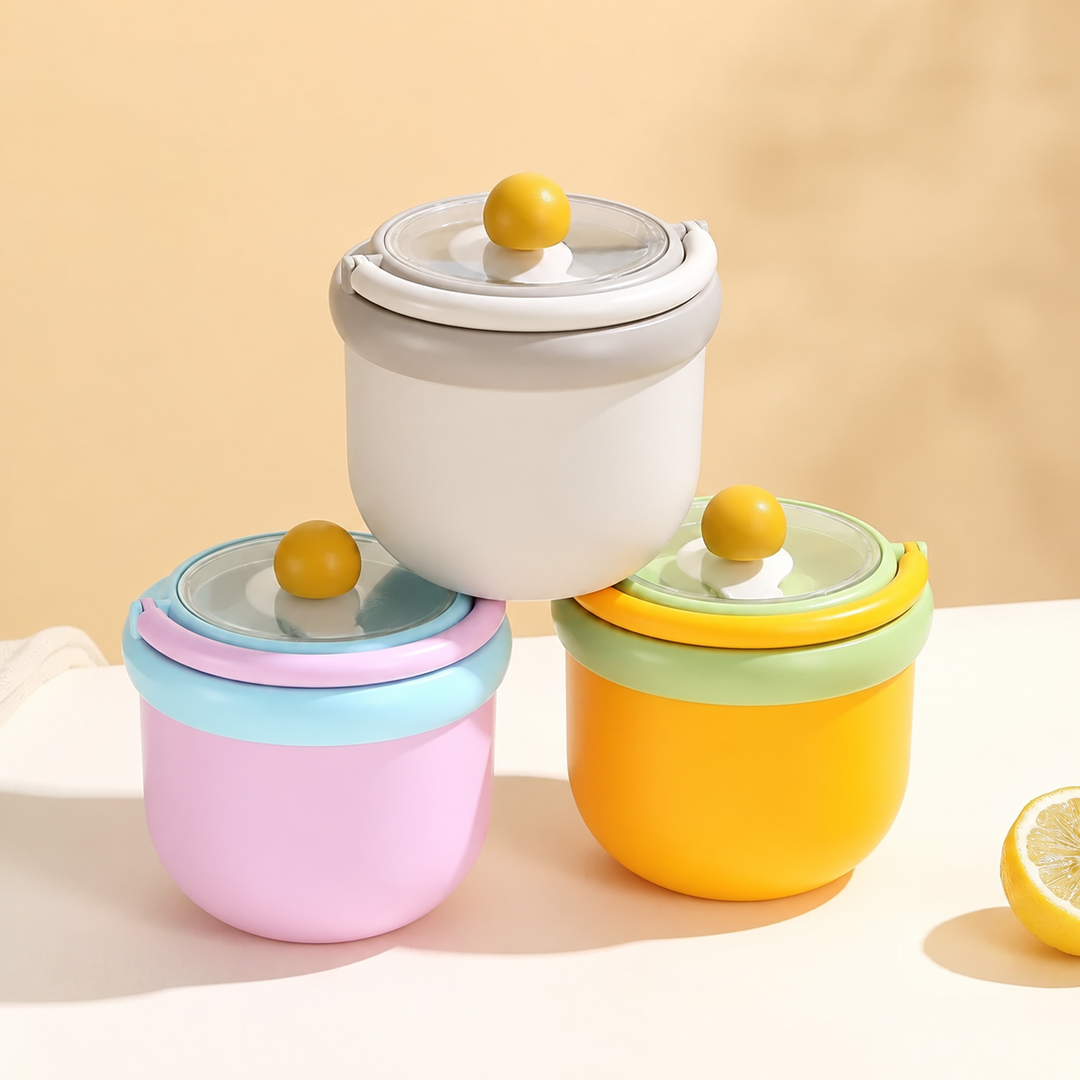 Yellow, pink, and gray insulated lunch bowls stacked with their lids on.