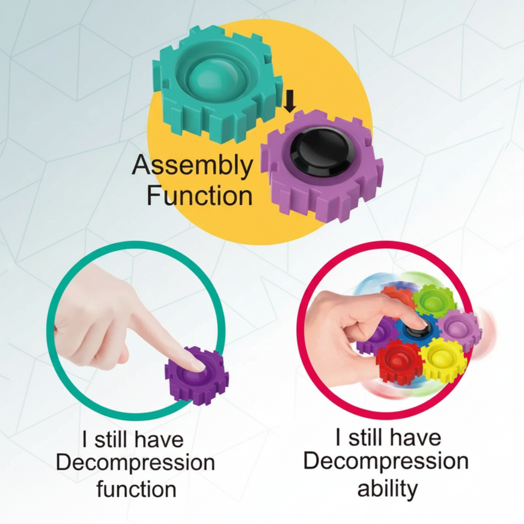 Two connected gears with close-ups of finger spinning and handheld fidget play.