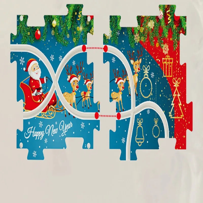 Interlocking Christmas puzzle tiles with curved white routes, Santa, and reindeer