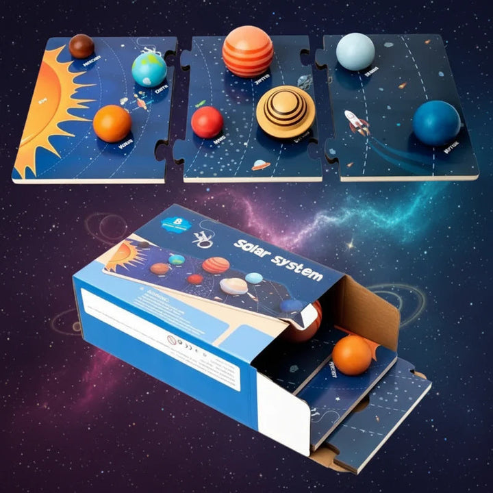 Wooden solar system puzzle with interlocking board sections and an open product box