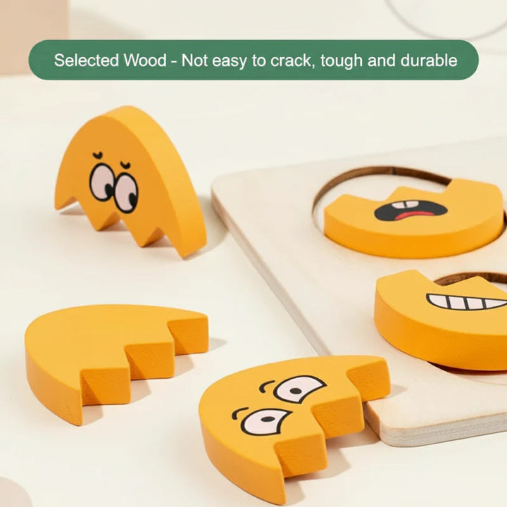 Close-up of thick wooden face pieces with interlocking edges beside the puzzle board