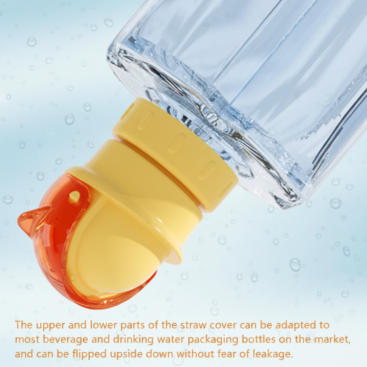 Water bottle shown upside down with a yellow cap and closed red flip-top cover.