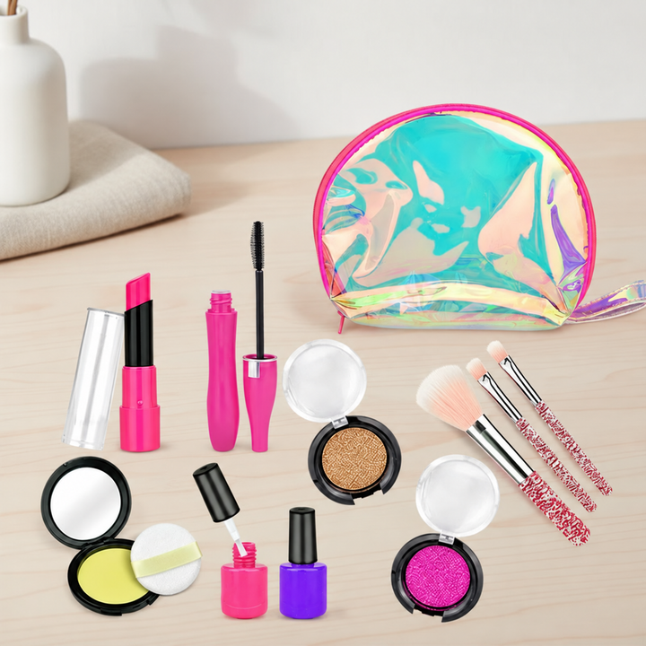 Pretend makeup pieces and brushes beside an iridescent zippered pouch with pink trim