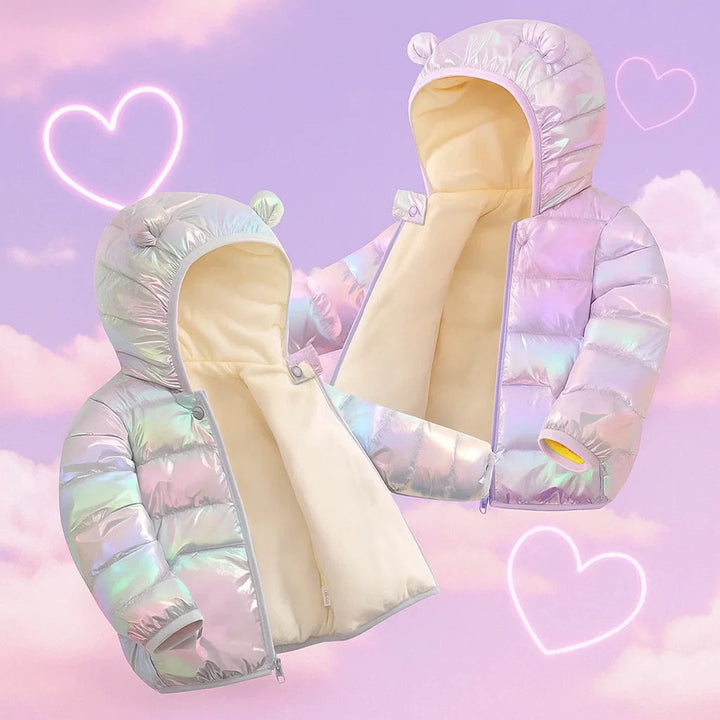 Two iridescent puffer jackets shown open to reveal their pale lining
