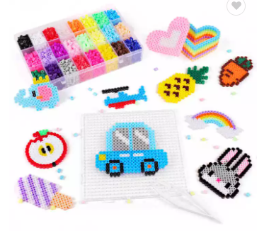 Ironing bead kit with sorted colors, a blue car on a pegboard, hearts, fruit, and animal designs