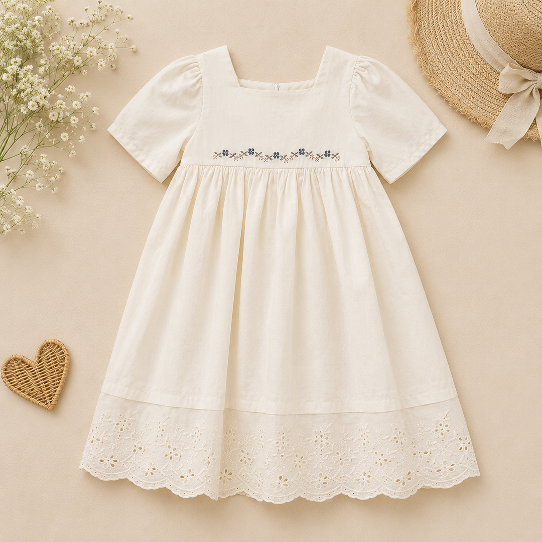 Ivory puff-sleeve dress with floral embroidery and a scalloped eyelet hem.