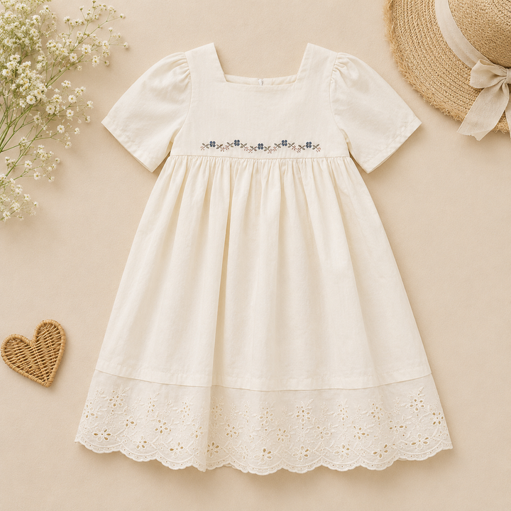 Ivory puff-sleeve dress with floral embroidery and a scalloped eyelet hem.