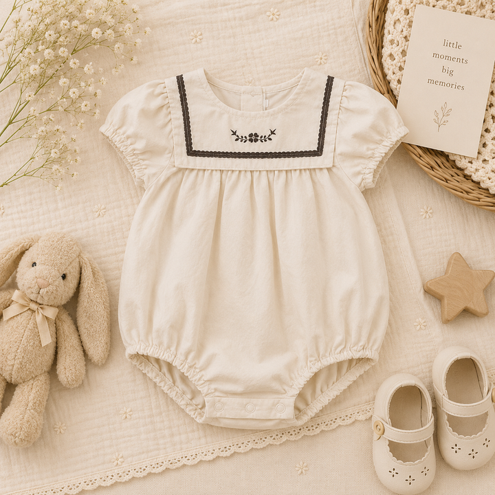 Ivory baby romper with puff sleeves and a square embroidered neckline outlined in dark trim.