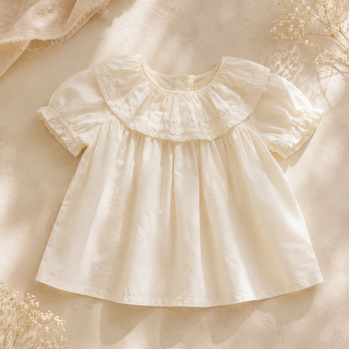 Ivory cotton blouse with a wide ruffle collar and short puff sleeves, laid flat on fabric