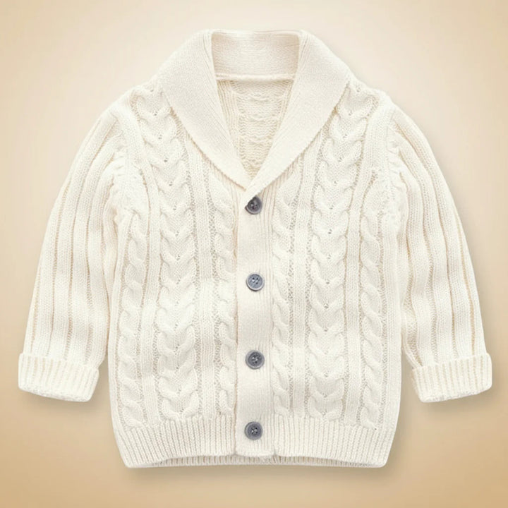Ivory cable-knit baby cardigan with a V-neck collar and gray buttons
