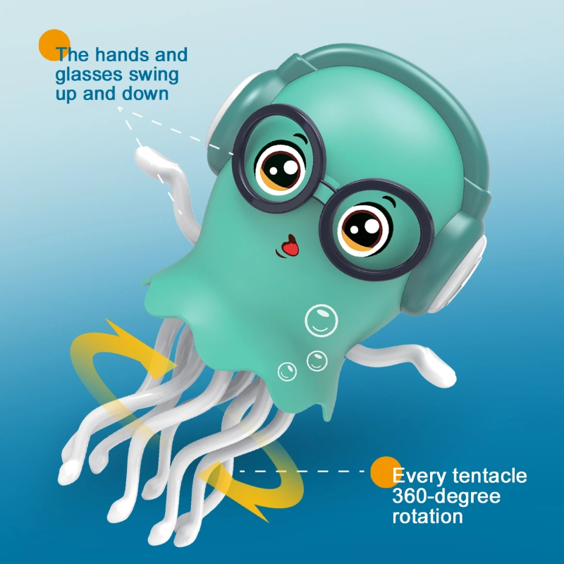 Green jellyfish toy graphic highlighting arm movement and rotating tentacles