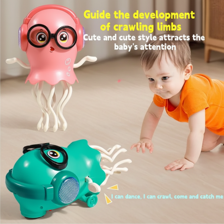 Pink and green jellyfish toys shown upright and on their side beside a child on the floor