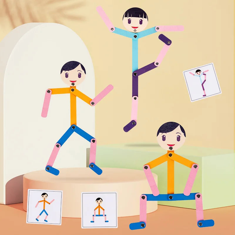 Colorful jointed figures in standing and squatting poses beside matching pose cards