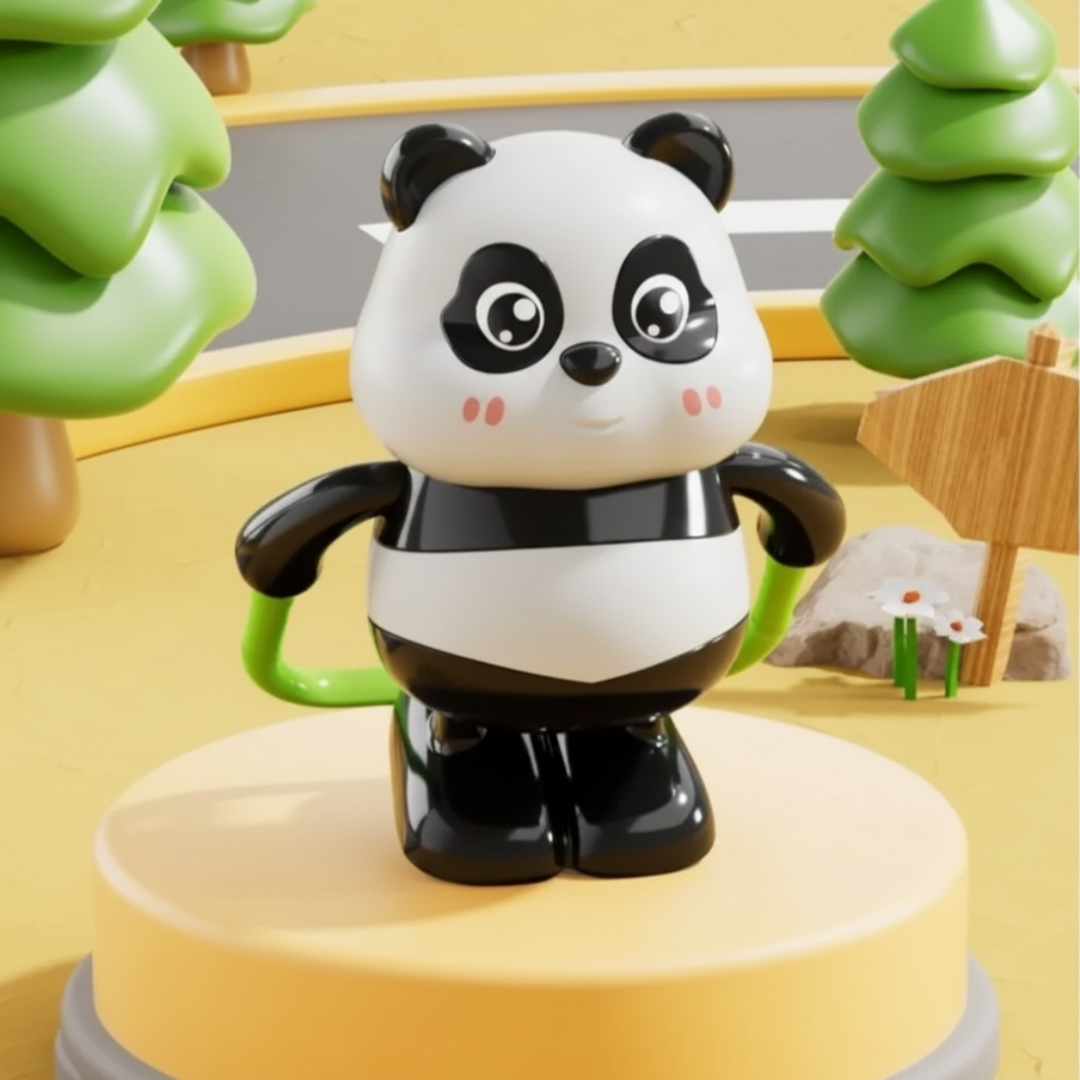 Jump Rope panda toy holding a green rope on a yellow display stand.