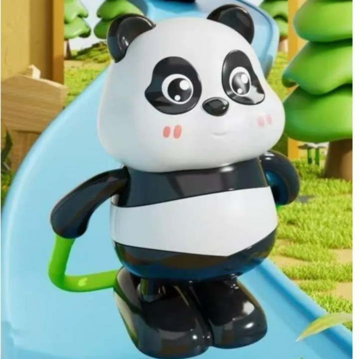 Jump-rope panda toy holding a green rope in front of a blue slide.