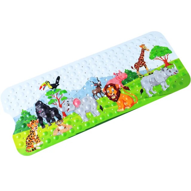 Jungle animal bath mat with a green landscape, lion, giraffe, elephants, and gorilla