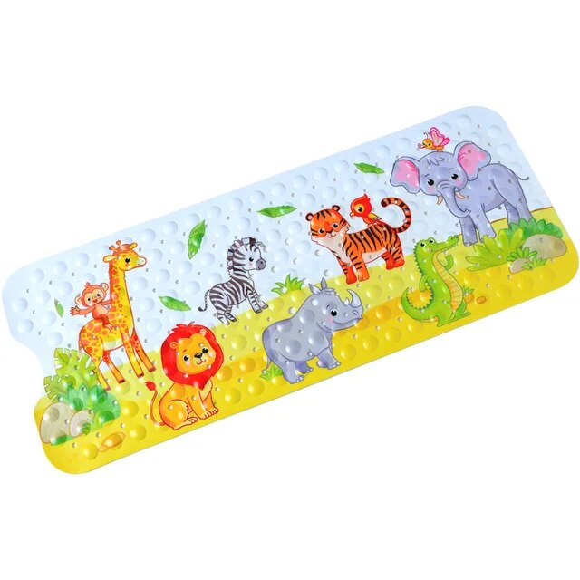 Jungle bath mat with a giraffe, lion, zebra, hippo, tiger, and elephant