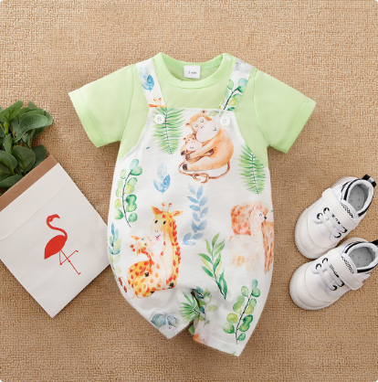 Baby romper with pale green sleeves and a colorful jungle animal print
