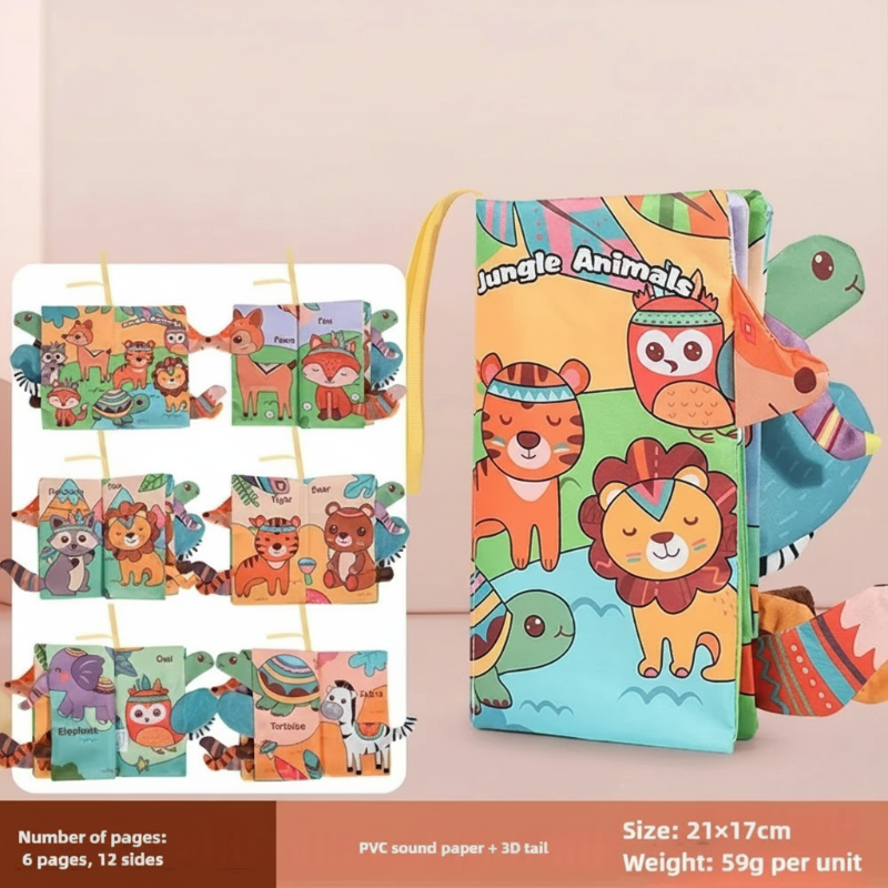 Jungle animal cloth book with extended fabric tails and a preview of its illustrated pages
