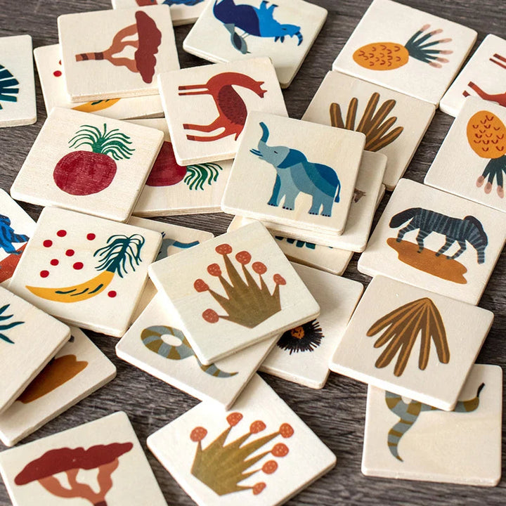 Overlapping square wooden memory tiles with colorful safari animals, plants, and fruit