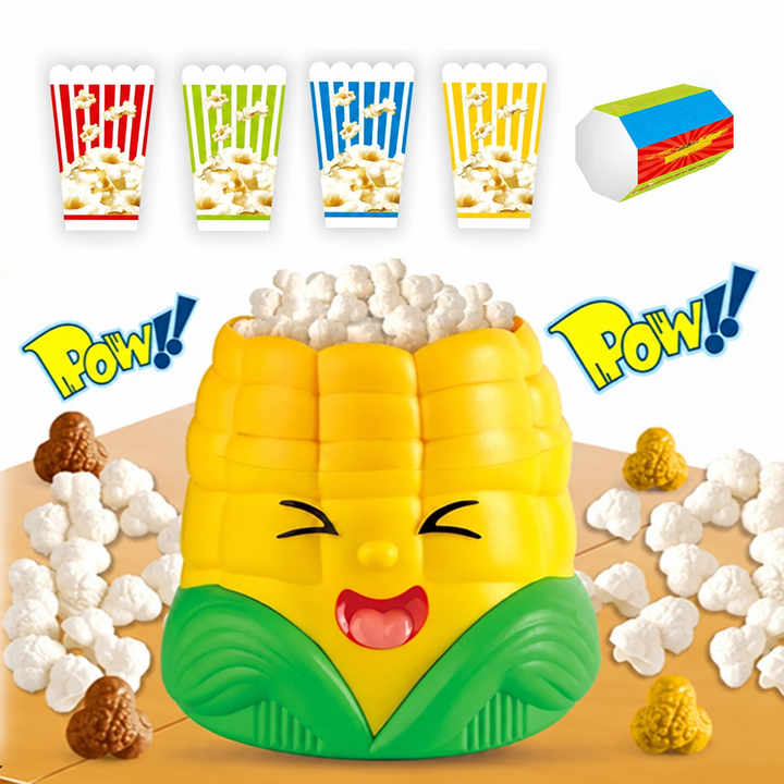Corn-shaped popping game with four striped catching cups, popcorn pieces, and a multicolored die