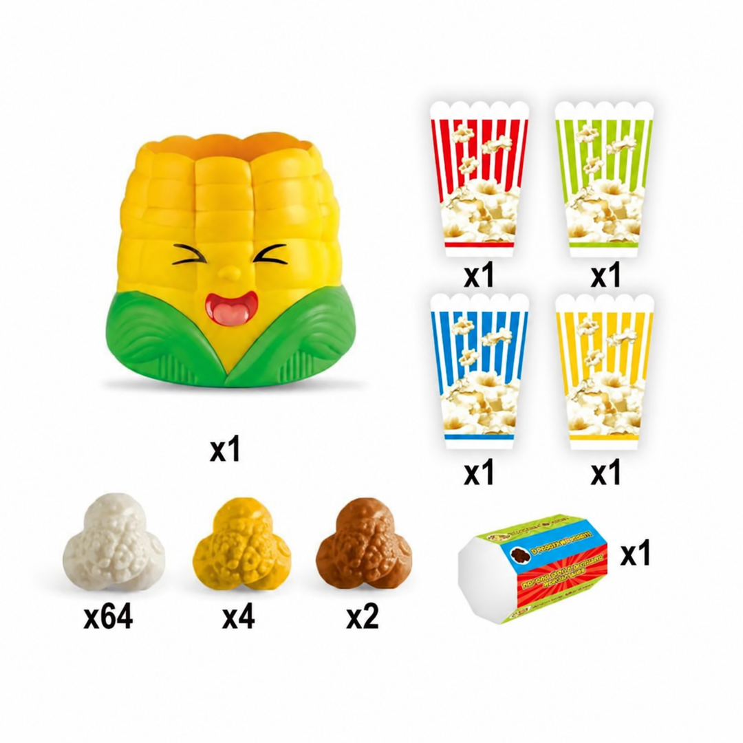 Game contents: one machine, four cups, 64 white, four yellow, and two brown popcorn pieces, plus one die