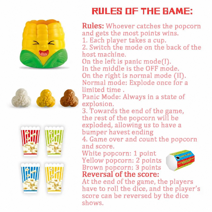 Popping game rules showing two modes, popcorn point values, cups, and a die