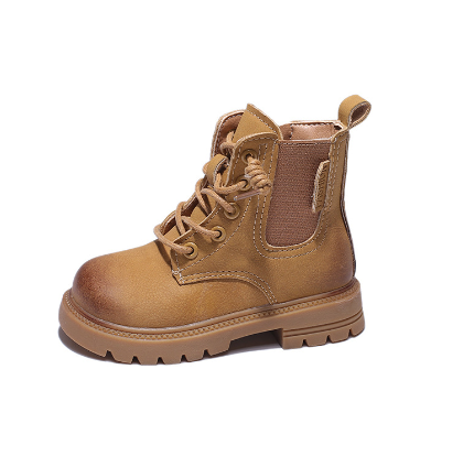 Side view of a khaki kids' ankle boot with laces, an elastic panel, and a treaded sole