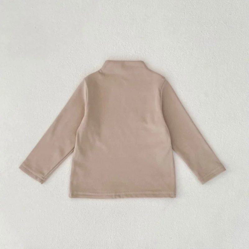 Khaki long-sleeve baby sweater with a high round neckline, laid flat.