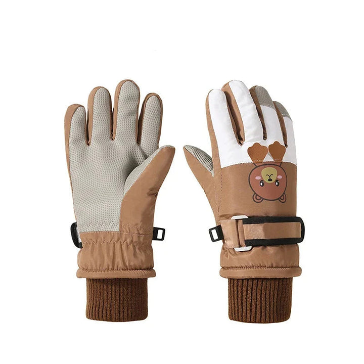 Khaki bear ski gloves showing gray palms, animal graphics, brown knit cuffs, and adjustable wrist straps.
