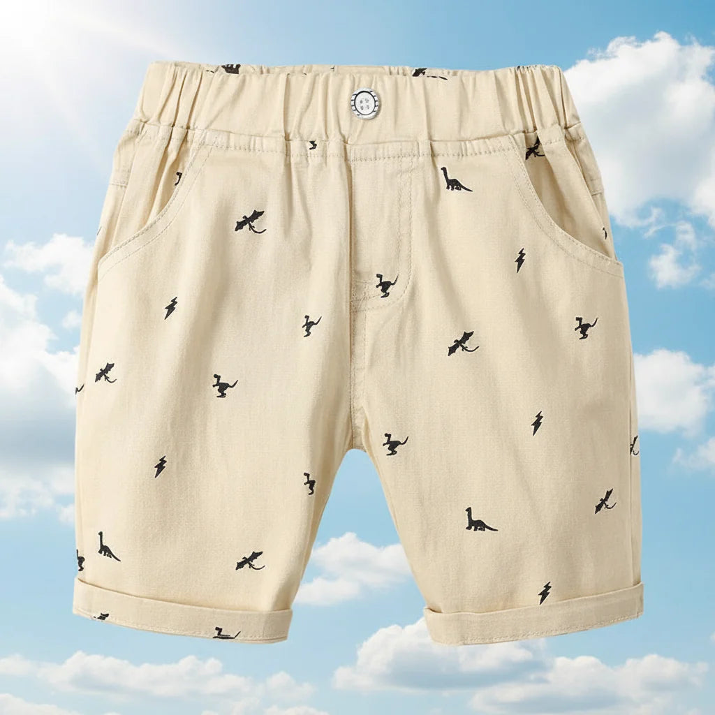 Khaki dinosaur shorts with an elastic waistband, front button, and side pockets