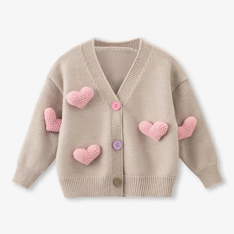 Front view of the khaki long-sleeve cardigan with pink hearts and ribbed cuffs