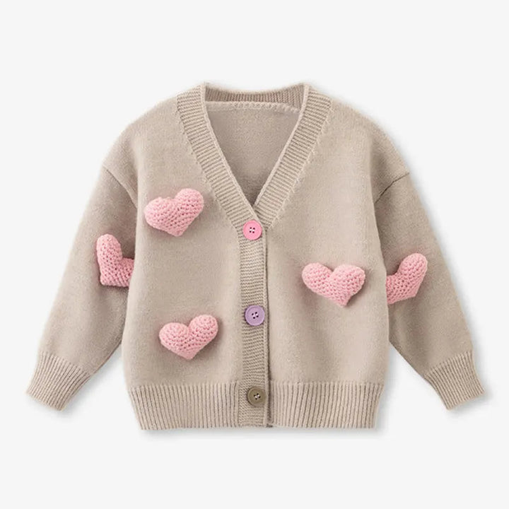 Front view of the khaki long-sleeve cardigan with pink hearts and ribbed cuffs