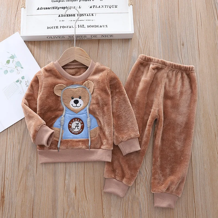 Khaki bear sweatshirt and matching pants with ribbed ankle cuffs